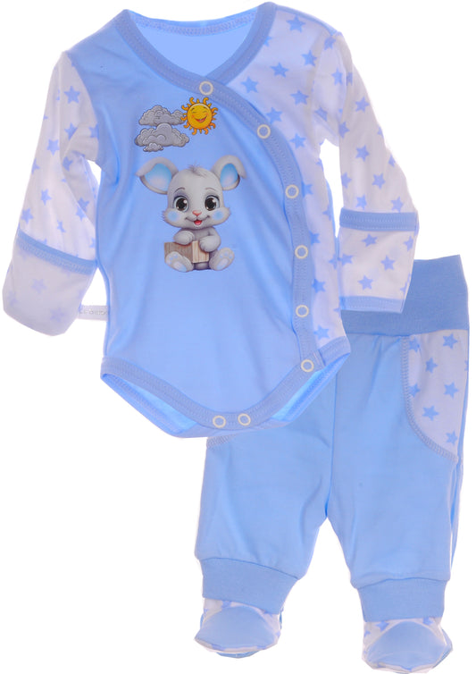 Body und Hose Baby Anzug Wickelbody in Blau mit Hasen