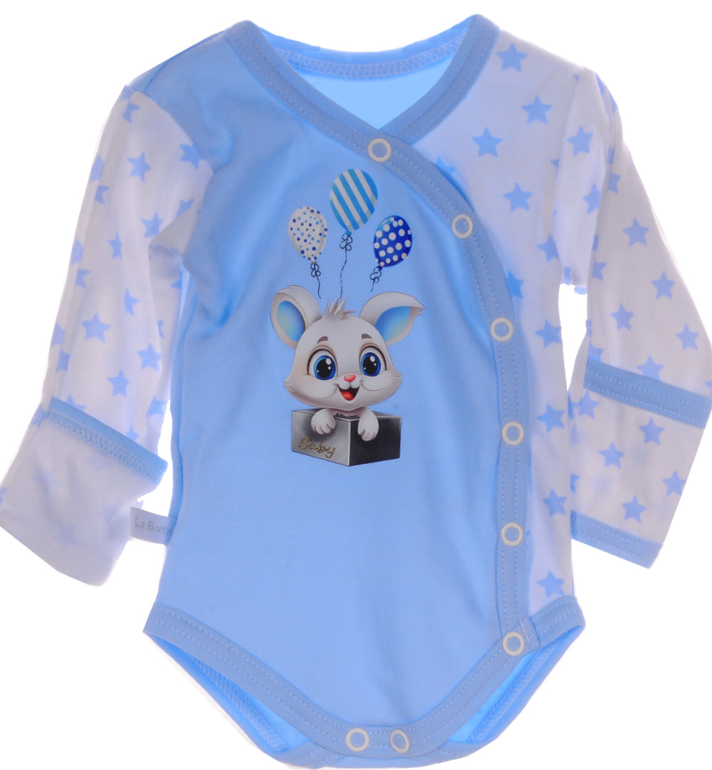 Body und Hose Baby Anzug Wickelbody in Blau mit Sternchen und Hasen