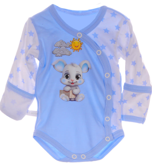 Baby Body langarm Wickelbody in Blau mit Hasen und Sonne