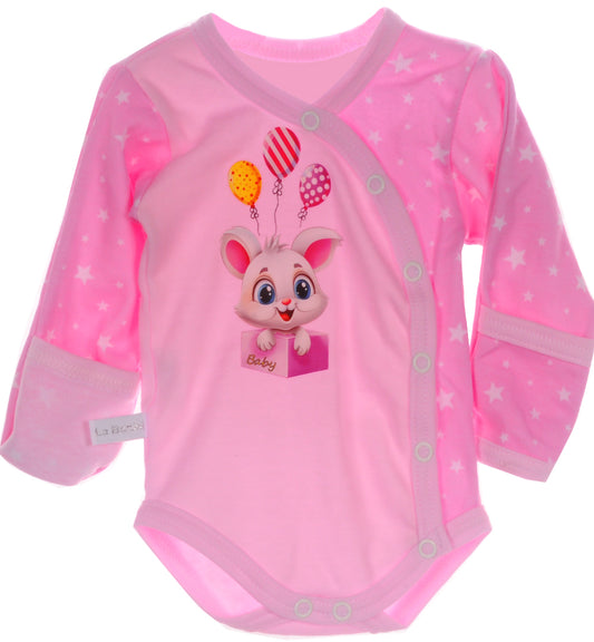 Baby Body langarm Wickelbody in Rosa mit Hasen und Ballons