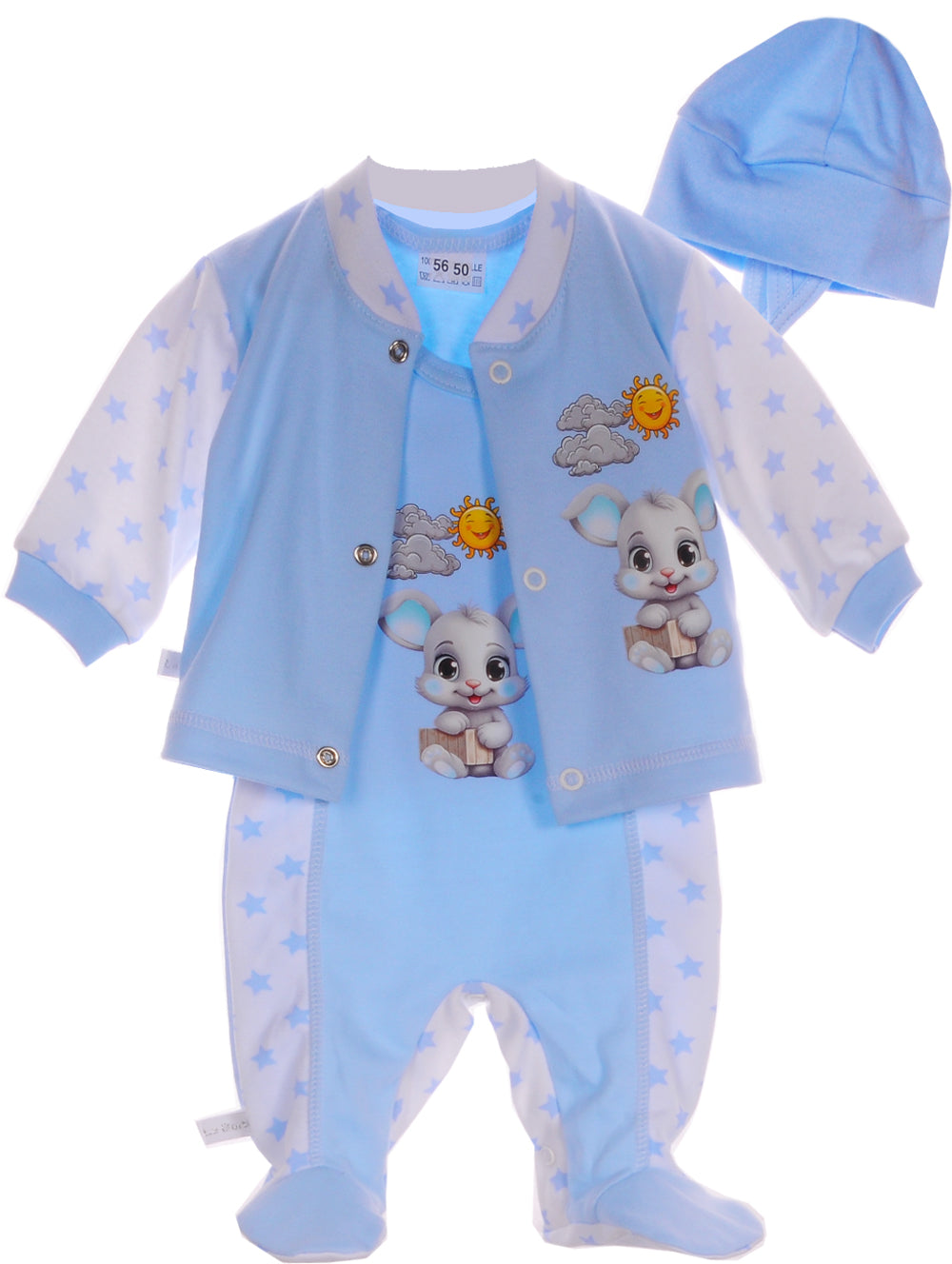 Strampler Mütze und Hemdchen Baby Anzug in Blau mit Sternchen und Hasen