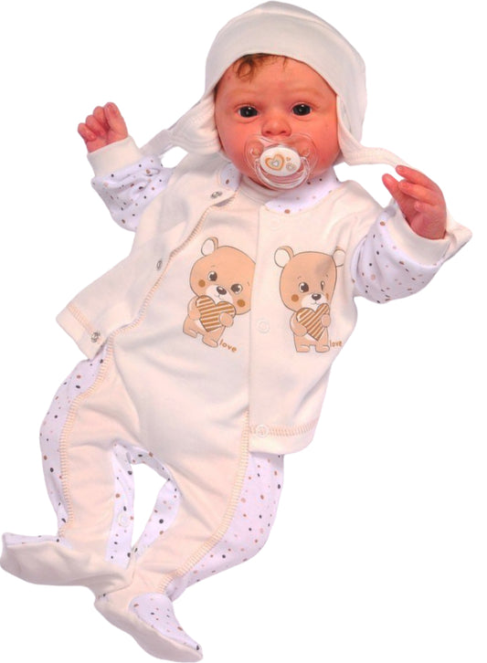 Strampler Mütze und Hemdchen Baby Anzug in Creme mit Bärchen